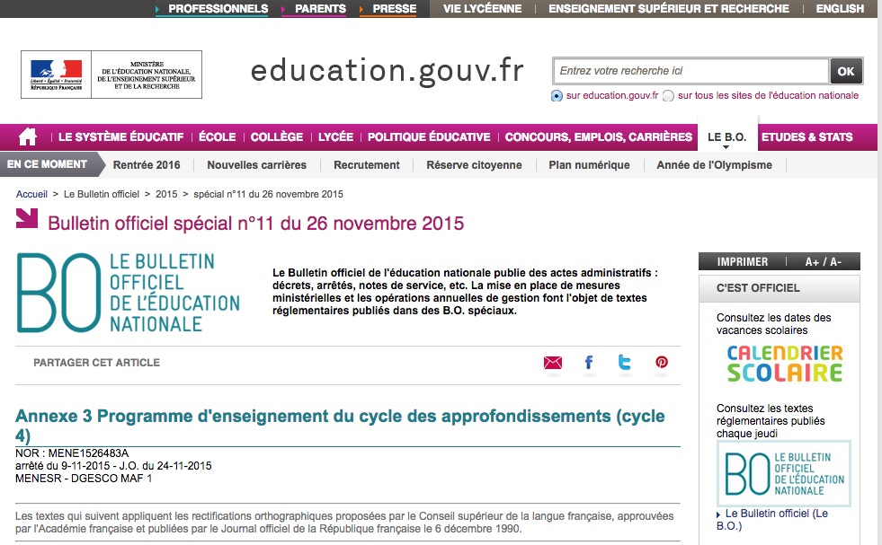 Bulletin Officiel Spécial N 11 Du 26 Novembre 2015