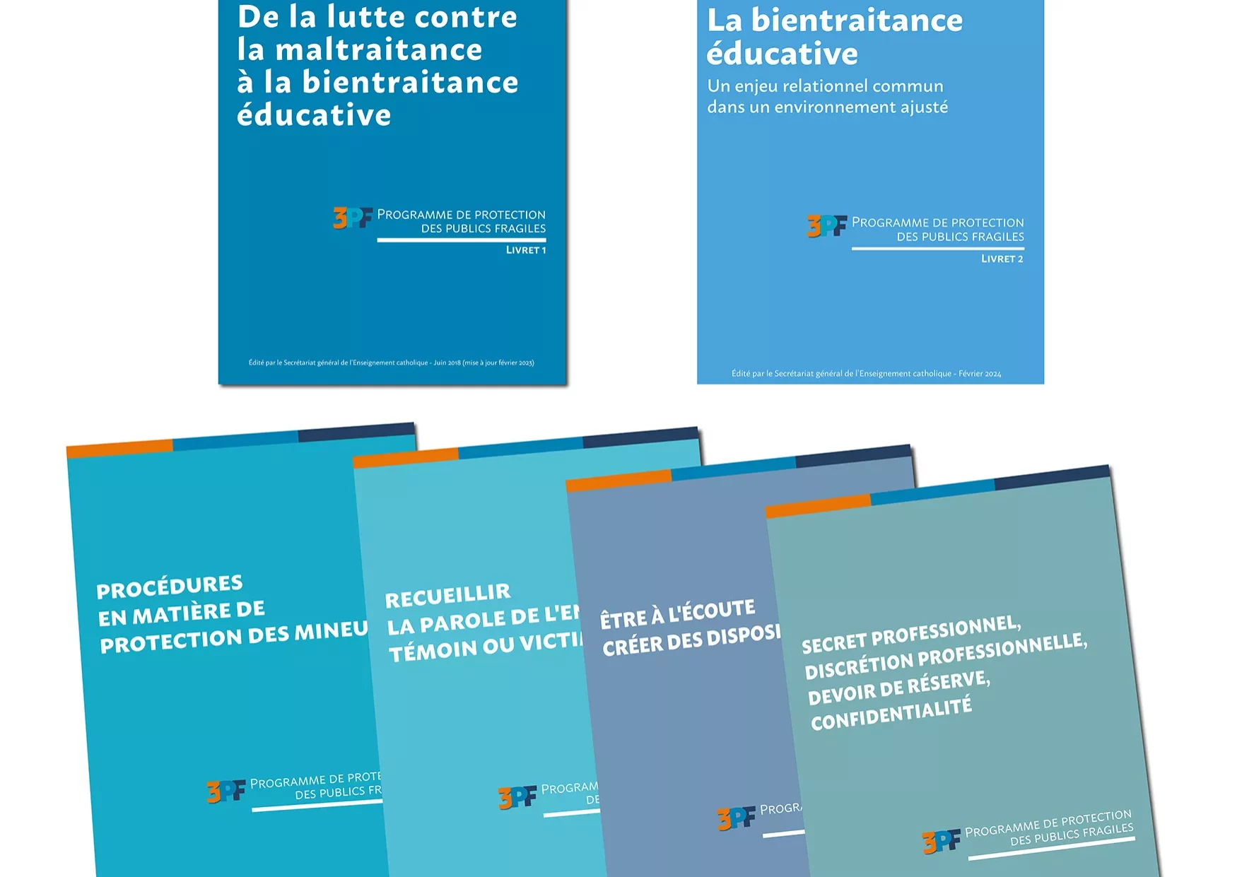 Brochures du Programme de Protection des Publics Fragiles – 3PF est une démarche globale qui se décline sous la forme de documents et d'un site destinés à accompagner les communautés éducatives sur les questions de maltraitances et sur la mise en place d’une culture de la bientraitance au sein des établissements de l’Enseignement catholique.